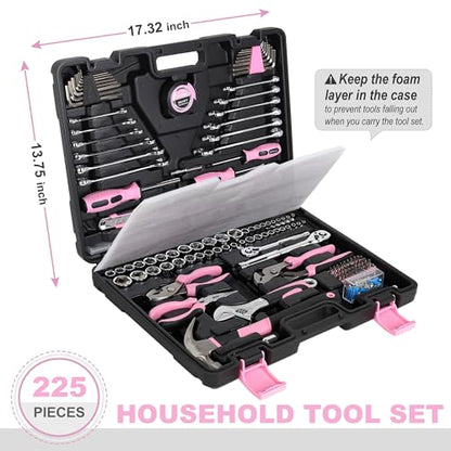 FASTPRO 225-Piece Pink Tool Set, SAE & Metric Mechanics Hand Tool Set with Toolbox, Home/Auto Repairing Tool Kit for DIY, Home Maintenance and Car Repairing