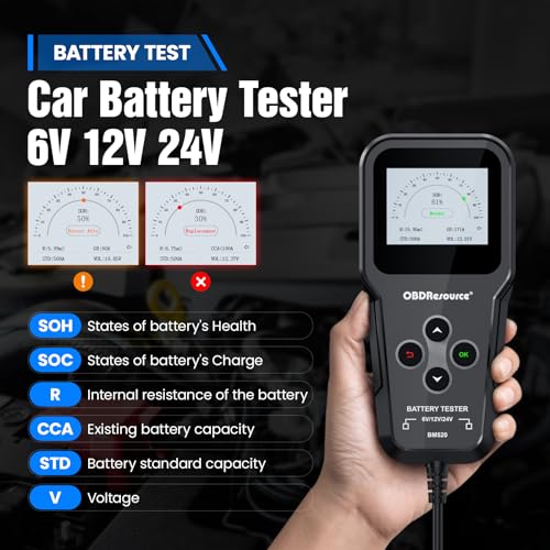 OBDResource Battery Load Tester, Professional Automotive Battery Analyzer | 6V/12V/24V 3 in1 Batteries With 100-2000 CCA Range For Battery Loading, Cranking And Charging Tests - color: black