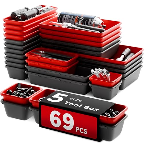 69 PCS & 5 Sizes Tool Box Organizer Trays, Black and Red | Plastic Toolbox Drawer Organizer, Interlocking Design, Desk Drawer Tray for Storing Wrench Screwdrivers Hammer Hacksaw Nails - color: Black & Red: 69 PCS
