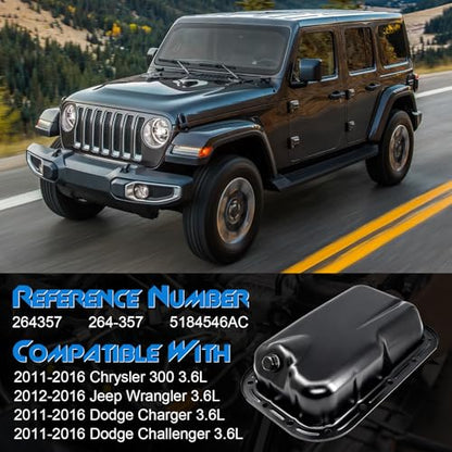 Lower Engine Oil Pan Sump with Drain Plug, Compatible with 2011-2019 Dodge Charger, 2011-2020 Challenger, 2012-2017 Jeep Wrangler, 2018 Wrangler JK, 2011-2020 Chrysler 300, 3.6L