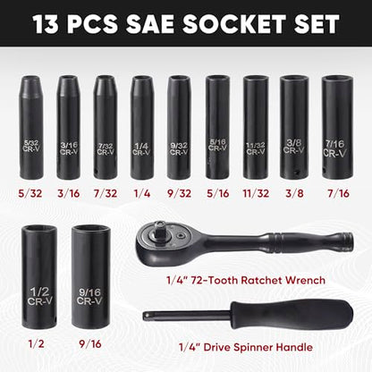 Aloanes 1/4" Drive Socket Set, 13-Piece SAE (3/16"- 11/32") Deep Sockets, 72-Tooth Ratchet Wrench, Drive Spinner Handle, 6 Point Design, Cr-V Steel - size: 1/4" 13 PCS SAE