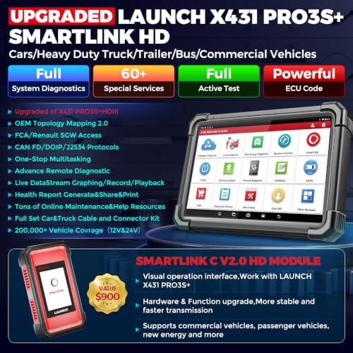 LAUNCH X431 PRO3S+ Smartlink HD Heavy Duty Truck Scanner,2026 Diesel&Gasoline Bidirectional Diagnostic Scan Tool with J2534 Protocols,Topology Map,60+Service,ECU Code,CANFD &DOIP,2 Yrs Free Update