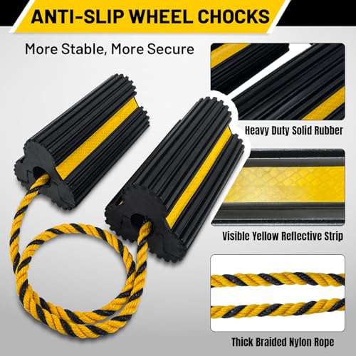 ROBLOCK Heavy Duty Wheel Chocks, Rubber Wheel Block Non-Slip Base with Nylon Rope Yellow Reflective Tape - 1 Pair Black, Wheel Stoppers for Travel Trailers, RV, Aircraft, Car, Camper, Truck - color: 2pack