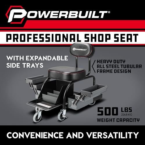 Powerbuilt Professional Mechanics Roller Seat, Heavy Duty Padded Detailer Seat and Backrest, Sliding Storage Drawers, Tool Tray, Can Holders, 4-Inch Swivel Wheels
