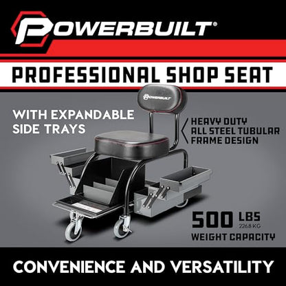 Powerbuilt Professional Mechanics Roller Seat, Heavy Duty Padded Detailer Seat and Backrest, Sliding Storage Drawers, Tool Tray, Can Holders, 4-Inch Swivel Wheels