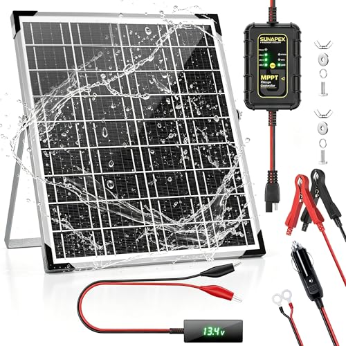 SUNAPEX 15W Solar Battery Maintainer 12V Waterproof Trickle Charger | Solar Panel Kit With LCD Voltage Tester,Smart Mppt Controller,Battery Maintainer for Car,Motorcycle,Boat Marine,Rv,and Truck. - size: 15W - MPPT