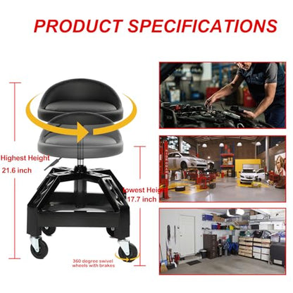 Garage Shop Rolling Seat, Heavy Duty Adjustable Rolling Mechanic Stool with Lockable 360° Wheels, 350 Lbs Capacity, Work Stool with Tool Tray for Garage & Workshop