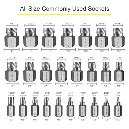Topec 25Pcs-Double Head Screw Extractor Set 3/8” Drive 2-in-1 | Newest Version Functional Easy Out Bolt Extractor Set, Premium CR-MO Steel Rounded Bolt Remover - color: 25-piece 3/8'' Drive
