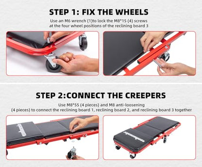 Mechanic Creeper 36 Inches 2-in-1 Z Seat with Brake, 340 lbs Capacity, Foldable Garage Chair Adjustable Rolling Folding with 6 pcs Wheels Roller, Lay Down or Sit Under Car Auto Repair Red Black - color: Red & Black