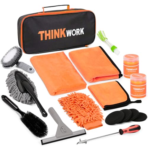 THINKWORK Car Detailing Kit, Microfiber Cleaning Tools with Storage Bag | Scratch-Proof Microfiber, 17Pcs Complete Set, Fits Most Vehicles, Dual Interior & Exterior Use, Orange, Ideal Gift - color: Orange