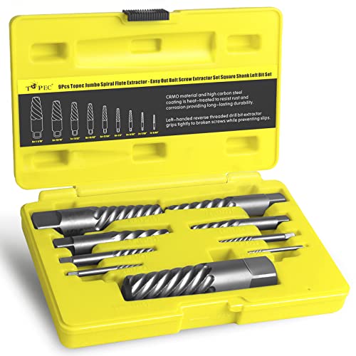 Topec 9 Piece Jumbo Spiral Flute Extractor -Easy Out Bolt Screw Extractor Set Square Shank Reverse Bit Set for Removing Broken Screws, Bolts, and Studs with Reverse Drill Bit Extractor Set - size: 9 Piece