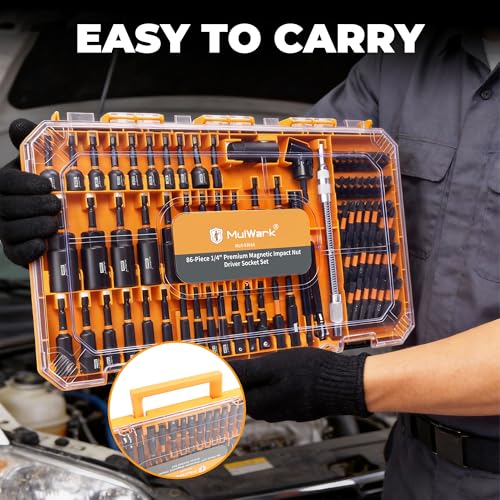 Mulwark 86PC Magnetic Nut Driver Set & Impact Driver Bit Set, 1/4" Metric & SAE Sockets, Nut Driver Set Power Bits, Adapters, Extensions, Universal Socket, Wing Nut Driver & Bit Holder for Automotive