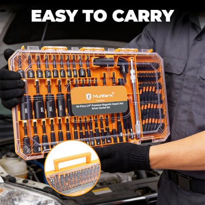 Mulwark 86PC Magnetic Nut Driver Set & Impact Driver Bit Set, 1/4" Metric & SAE Sockets, Nut Driver Set Power Bits, Adapters, Extensions, Universal Socket, Wing Nut Driver & Bit Holder for Automotive