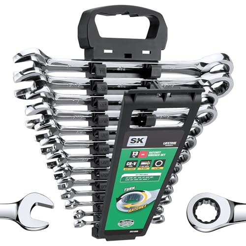 SK Ratcheting Wrench Set, Combination Wrench Set, 13-Piece, SAE 1/4" to 1", 72-Tooth, Premium CR-V Construction, with Rack Organizer - size: SAE
