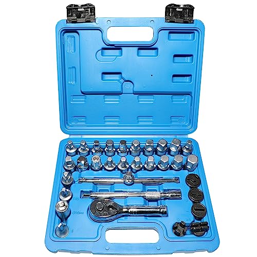 32Pcs Drain Plug Key Set, 3/8" Drive Oil Drain Plug Removal Kit Compatible with GM VW Ford Mercedes Audi BMW with Square Triangle Hex Spline Torx Socket for Oil Sump, Back Axle, Differential, Gearbox - size: 32PC