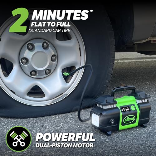Slime 40083 Tire Inflator, Super Duty Pro Power, Battery Connection, Dual Piston, with Digital 0-99 psi Gauge, Long Hose and LED Light, Alligator Clips, 2 min Inflation - style: Super Duty Pro Power