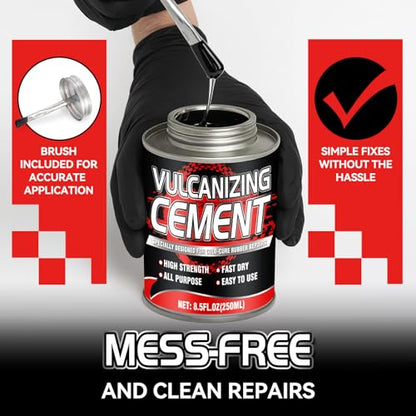 Chemical Vulcanizing Cement – Fast Dry Rubber Cement, All Purpose Tire Repair Glue, Tire Patch Kit with Brush – 8.5 FL.Oz for Car, Motorcycle, Bike (Rubber)