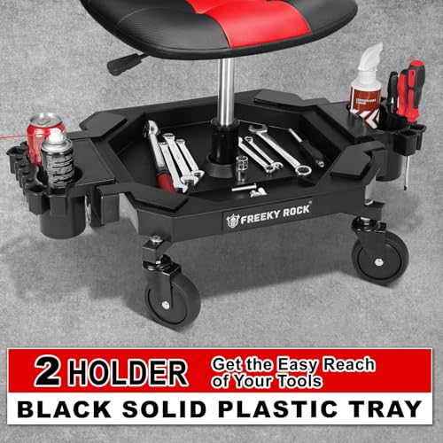 Rolling Stool with Wheels, Adjustable Height Pneumatic Garage Work Mechanic Stool Seat with Backrest, 400 LBS Capacity 360° Swivel Mechanic Crepper Chair with Tool Tray Storage, Red - color: Red
