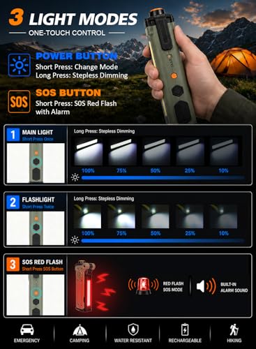Rechargeable LED Work Light, 5000mAh Magnetic Flashlight with Stepless Dimming, SOS Red Strobe & Loud Alarm, Rotatable & Foldable Mechanic Light for Car Repair, Camping & Emergency (1 Pack Green) - color: Green
