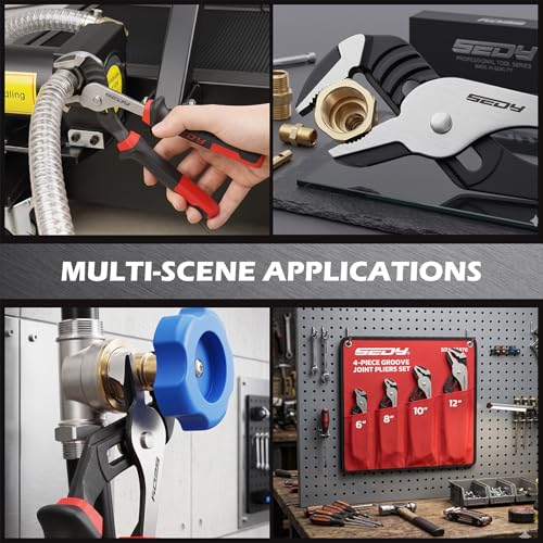4-Piece Groove Joint Pliers Set, 12" 10" 8" 6" Adjustable Water Pump Pliers with Non-Slip Handles, Straight Jaw Tongue and Groove Pliers for Plumbing, Pipe Fittings, Nuts, Bolts and Home Repair - color: 4pc - 6" 8" 10" 12" Red & Black