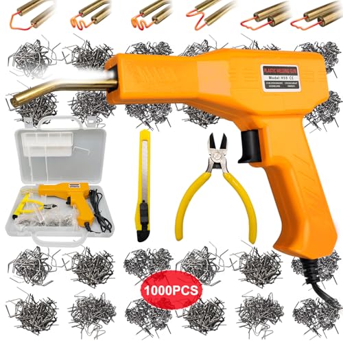 Plastic Welder, 1000PCS Hot Stapler Plastic Welding Kit, Plastic Welder Gun Kit with LED light, AC110v-130v, 6 Types Hot Stapler for Car Bumper and Most Plastic Repair (Yellow)
