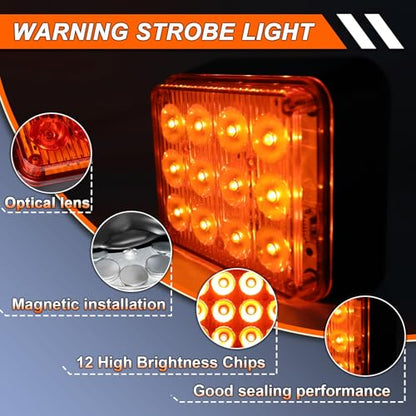 Amber Emergency Strobe Lights 2PCS, 12 Led Magnetic Flashing Safety Beacon Lamps for Trucks Vans Trailers Cars, Wireless Rechargeable Battery Powered Caution Light - color: Amber