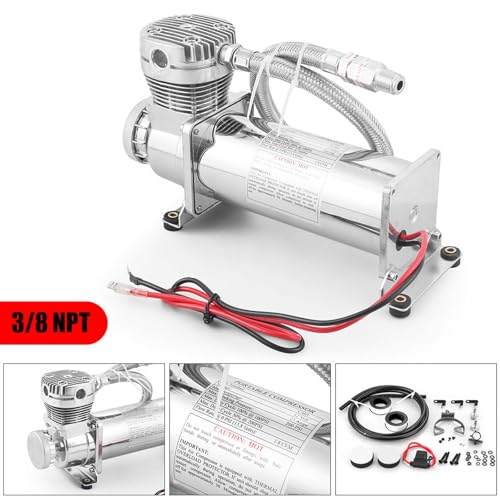 200PSI Air Ride Suspension Compressor with 3/8 NPT Hose Kit, Heavy Duty 12V 480C Air Compressor Pump for Train Horn & Air Bag Suspension, Chrome Silver Fit for Truck & Car