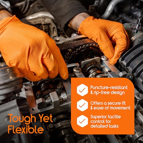 Inspire Heavy Duty Orange Nitrile Gloves | ULTRA 8 Mil Diamond Textured Grip | Industrial Mechanic Disposable Cleaning Gloves - size: Medium
