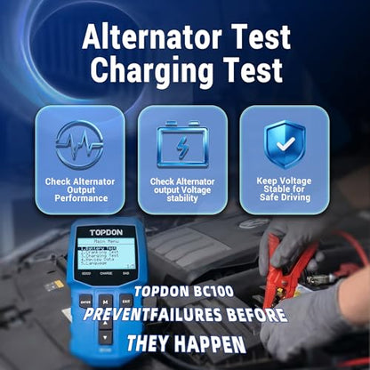 TOPDON Car Battery Tester 12V Automotive, BC100 Alternator Diagnostic Tool | 100-2000 CCA Load Tester,2026 New 3 in 1 Charging & Cranking Analyzer for Car Truck Motorcycle ATV SUV Boat Yacht and More