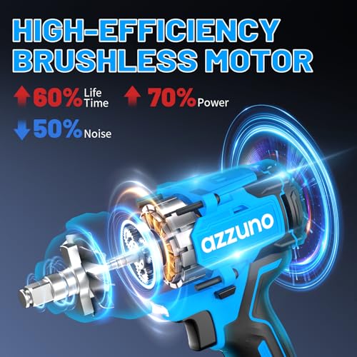 AZZUNO 1/2" Impact Wrench, 900N.m (665 Ft-lbs) Brushless Cordless Impact Driver, High Torque Electric Wrench With 2x 4.0Ah Battery, Charger & 4 CR-V Sockets, Led Light for Home Car Truck Tires - style: Max 665 Ft-lbs (900N.m)