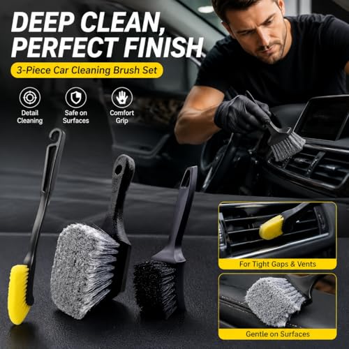 3 Pcs Car Wheel & Tire Cleaning Brush Set, Soft & Medium Bristle Brushes for Auto Detailing, Long Handle Rim and Barrel Cleaning Kit for Cars, Trucks and SUVs