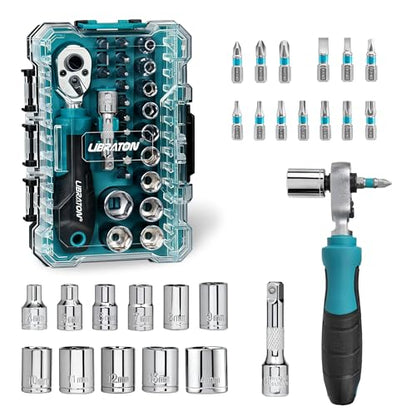LIBRATON 26PCS 1/4" Drive Mini Socket & Ratchet Wrench Set with Bits, 4-14mm Metric Shallow Sockets, Mini Ratchet Set, Screwdriver Bit Set, Extension Bar, with Storage Case for DIY, Auto Repair