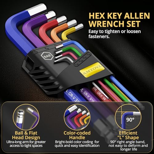 AMTOVL Hex Key Set, 9PCS Imperial Allen Key Set, 1/16-3/8Inch, Long Ball End Hex Wrench Set, Color Coding Hex Key Set for Vehicle, and Bicycle Repairs - size: 9 PCS SAE SET