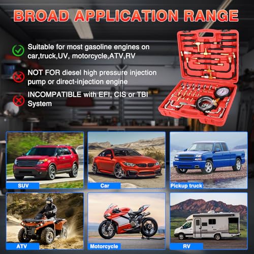 GOOACC Fuel Injection Pressure Tester Kit - 0-140 PSI Gasoline Pump Diagnostic Tool with Schrader Valve Adapters & Relief Button for Car Motorcycle Truck