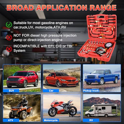GOOACC Fuel Injection Pressure Tester Kit - 0-140 PSI Gasoline Pump Diagnostic Tool with Schrader Valve Adapters & Relief Button for Car Motorcycle Truck