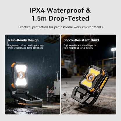 Adelante W3 Rechargeable Clamp Work Light, 2100LM, 360° Rotating Head | 4000mAh battery, 3-10 hours runtime, 2.5 in clamp, dual magnets, IPX4 waterproof, USB-C charge and USB output for workshop