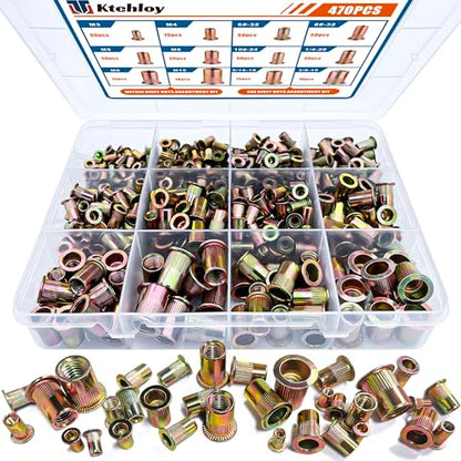 Rivet Nut Kit, 470Pcs SAE & Metric UNC Rivet Nut, Zinc Plated Carbon Steel Rivnut Threaded Inserts Assortment Set Nutserts, Sizes 6-32 8-32 10-24 1/4"-20 5/16"-18 3/8"-16 M3 M4 M5 M6 M8 M10 - size: SAE & Metric Kit - 470 Pcs - Original