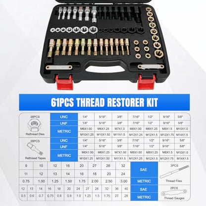 Nilight 61PCS Thread Chaser Set SAE Metric Master Thread Repair Kit with Case 28 Taps 28 Dies 3 Files 2 Gauges Universal UNC UNF Sizes Automotive Tool for Mechanic Auto Shop Home Garage Repair - size: 61PCS Metric & SAE