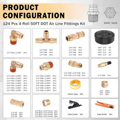 CheeMuii 124 PCS Brass DOT Air Line Fittings with 4 Roll 50FT 1/8" 1/4" 3/8" 1/2" DOT Air Lines Kit Push Lock Air Fitting Quick Connect Air Fittings with Air Hose Pneumatic Tubing - size: 50FT-4ROLL-124PCS