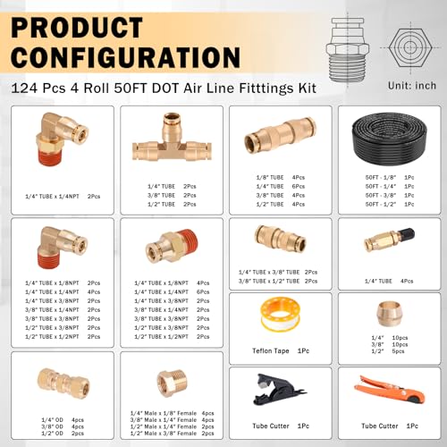 CheeMuii 124 PCS Brass DOT Air Line Fittings with 4 Roll 50FT 1/8" 1/4" 3/8" 1/2" DOT Air Lines Kit Push Lock Air Fitting Quick Connect Air Fittings with Air Hose Pneumatic Tubing - size: 50FT-4ROLL-124PCS