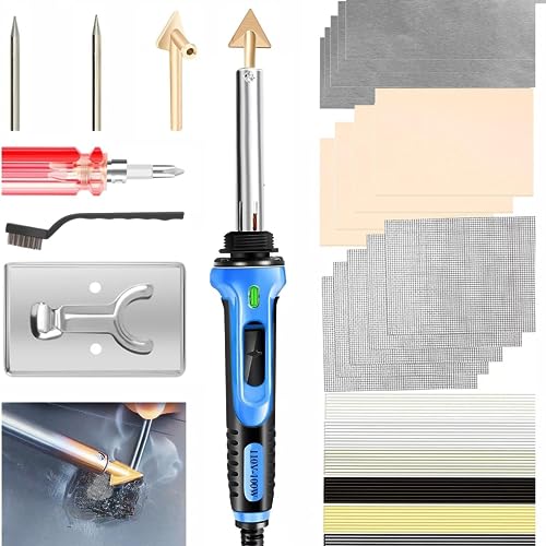 Plastic Welder - 100W Plastic Welding Kit Soldering Iron Gun with 56pcs Rods, Professional Surface Repair Tool for Car Bumper with 4 Welding Tips, Patch Net,Hot Iron Stand,Wire Brush (Blue) - color: Blue Black