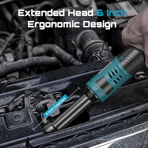 Seesii 3/8" Cordless Electric Ratchet Wrench for Car Repair | 6" Long Neck, 40 ft-lbs, 220 RPM, 2×2.0Ah Batteries & Fast Charger, 7 Sockets + 1/4" Adapter, LED Light
