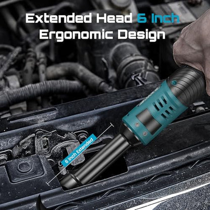Seesii 3/8" Cordless Electric Ratchet Wrench for Car Repair | 6" Long Neck, 40 ft-lbs, 220 RPM, 2×2.0Ah Batteries & Fast Charger, 7 Sockets + 1/4" Adapter, LED Light