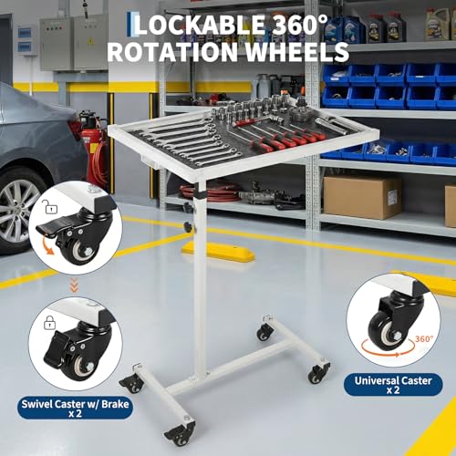 Mobile Work Table with Wheels, 220LBS Height Adjustable Rolling Mechanic Tool Tray, Heavy Duty Steel Work Table for Garage, Home, Automotive Repair & DIY Projects - color: White