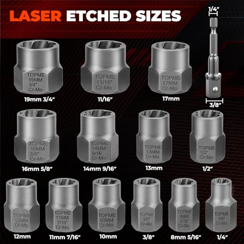 Bolt Extractor Kit,14 Piece Impact-Grade CR-MO Steel Nut Remover Set | 3/8" Drive Socket for Removing Frozen, Rusted, Rounded Bolts & Lug Nuts (Sizes 8-19mm)