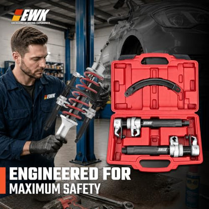 EWK Coil Spring Compressor Tool Set, 3-Piece Kit for MacPherson Strut | Parallel Safety Bracket & Dual Anti-Slip Jaws for Stable Spring Compression, 2645 lb Capacity