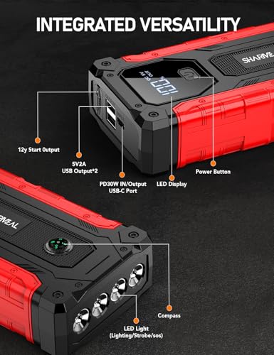 Sharmeal Car Jump Starter 7000A, Jump Starter Battery Pack with PD 30W Quick Charger, 12V Portable Jump Box (for All Gas and 12.0L Diesel) with 4 LED Light - color: 7000A +PD30W Fast Charging(Enhanced Version 2026)