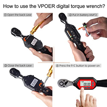 Digital Torque Wrench 3/8-inch Drive, 1.33-44.25 ft-lbs (1.8-60 Nm) (16-531 inch Pound) with Buzzer & LED, Calibrated (VTWM-60), Red