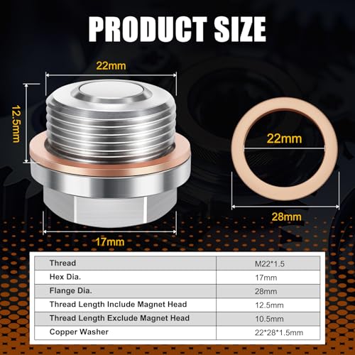 M22x1.5 Stainless Steel Magnetic Engine Oil Drain Plug Fit for John Deere Gator, KTM Duke Adventure Supermoto, Ducati, Rolls-Royce, Replace M806544, 6004178 - size: M22 x 1.5