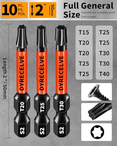 DYRECELVE Impact Torx Bit Set T15 T20 T25 T30 T40, 10-Pack 2 Inch S2 Steel Magnetic Power Bits for Impact Driver, 1/4 Inch Hex Shank Heavy Duty Magnetic Grip (Anti-Slip) - size: 10 Pcs T15-T40 Torx Bits